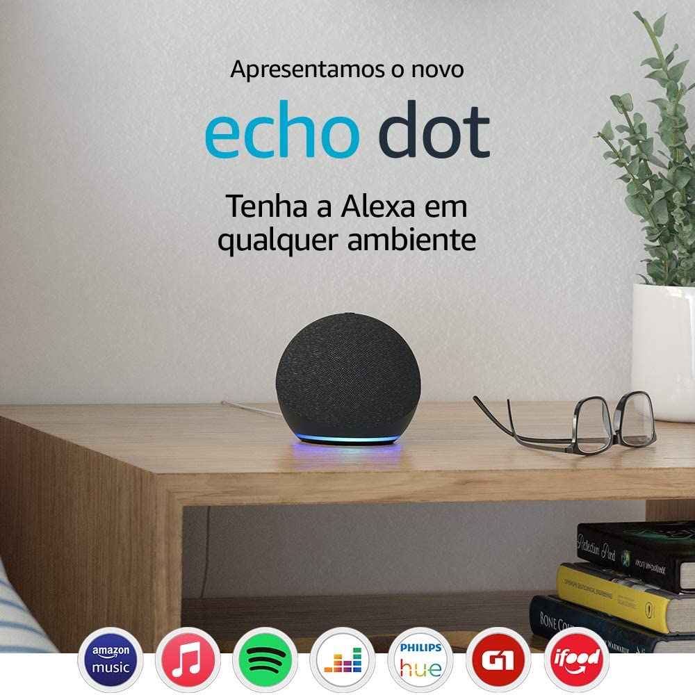 Echo Dot e os principais aplicativos aos quais a Alexa, assistente virtual da Amazon, se conecta.