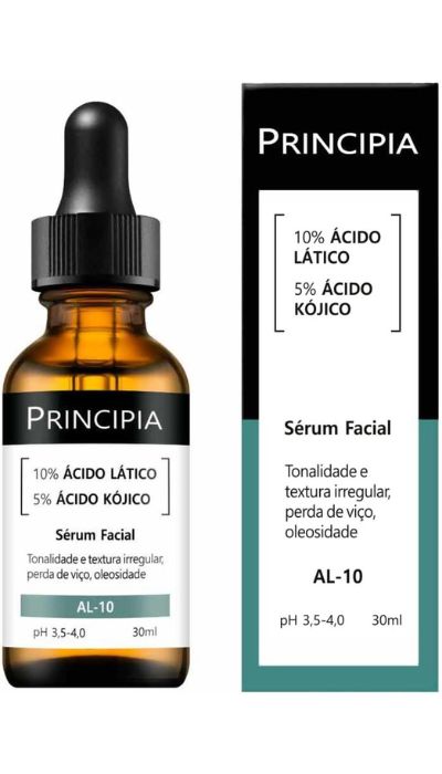 sérum clareador de manchas Principia com 10% de Ácido Lático e 5% de Ácido Kójico